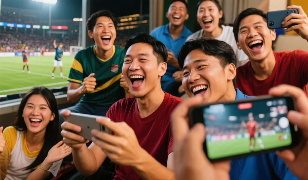 亚洲各地的体育爱好者在不同场景下通过移动设备观看体育赛事，脸上洋溢着兴奋的笑容