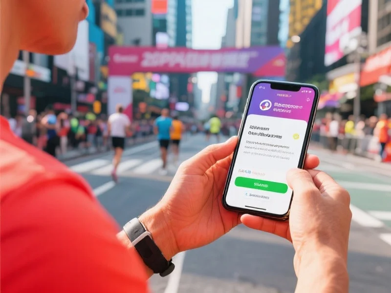 运动爱好者在户外用手机APP及时接收赛事推送通知，背景是活力四射的城市街头