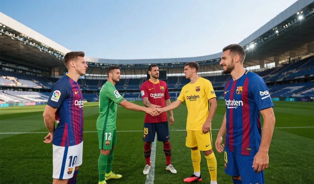 五大联赛球员身穿不同颜色球衣在球场中央握手，背景是现代足球场